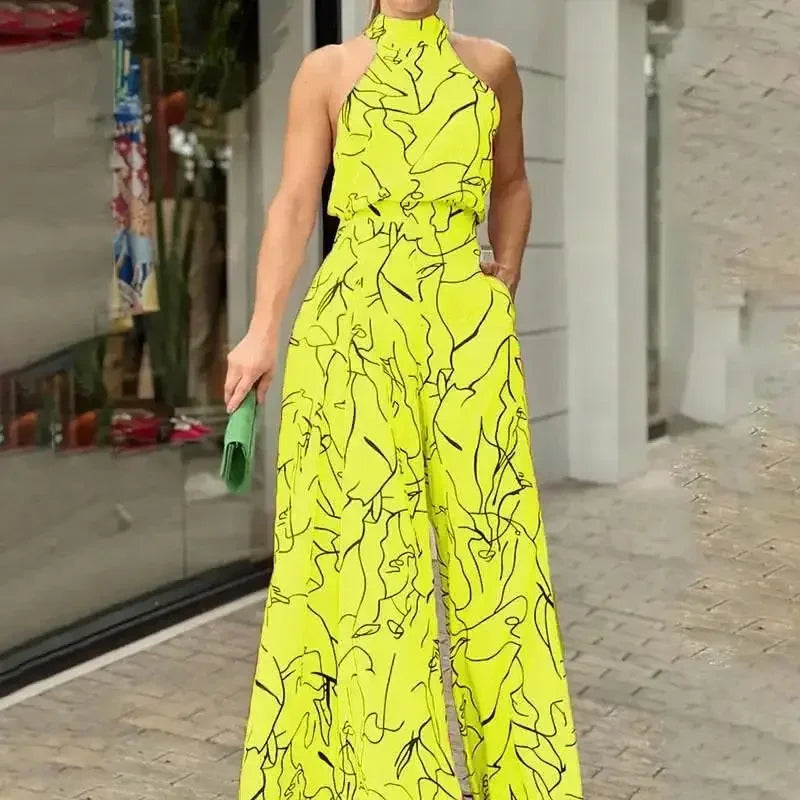 Women's Elegant Jumpsuits Wide Leg Long Pant Summer Sexy Sleeveless Jumpsuit Women Casual Print Macaque Feminine Clothes