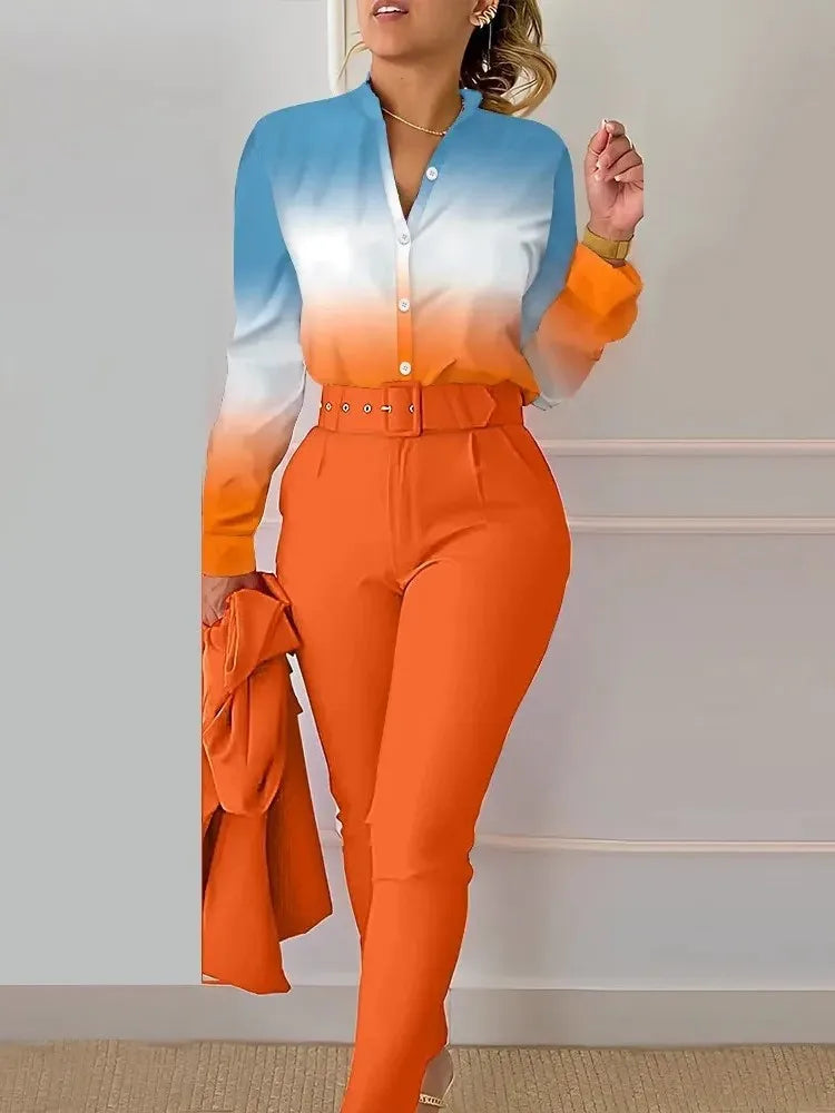 Women's Shirt 2 Pieces Suit Set Fall Print V Neck Long Sleeve Top Casual High Waist Pockets Work Female Clothes Pants Set