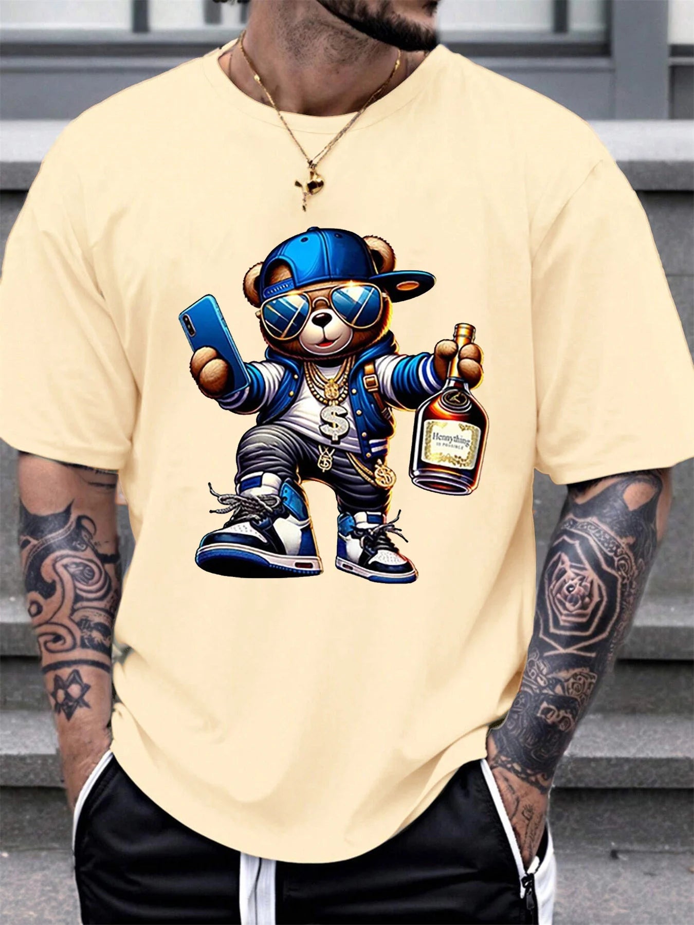 Men's Summer 100% Cotton Fashionable Casual Loose Large Size Cartoon Bear Printed Sports Round Neck Short Sleeve T-shirt Top