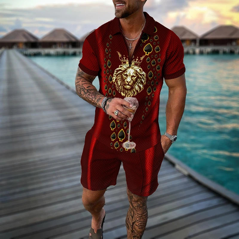 Lion Pattern Short Sleeve Shorts 2 Piece