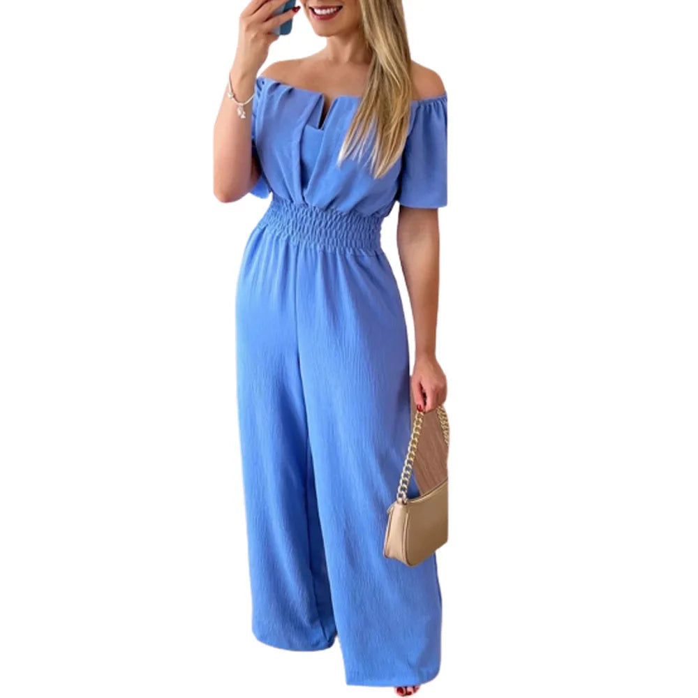 Lady Print High Waist Jumpsuit Sexy Off Shoulder Short Sleeve Wide Leg Pants