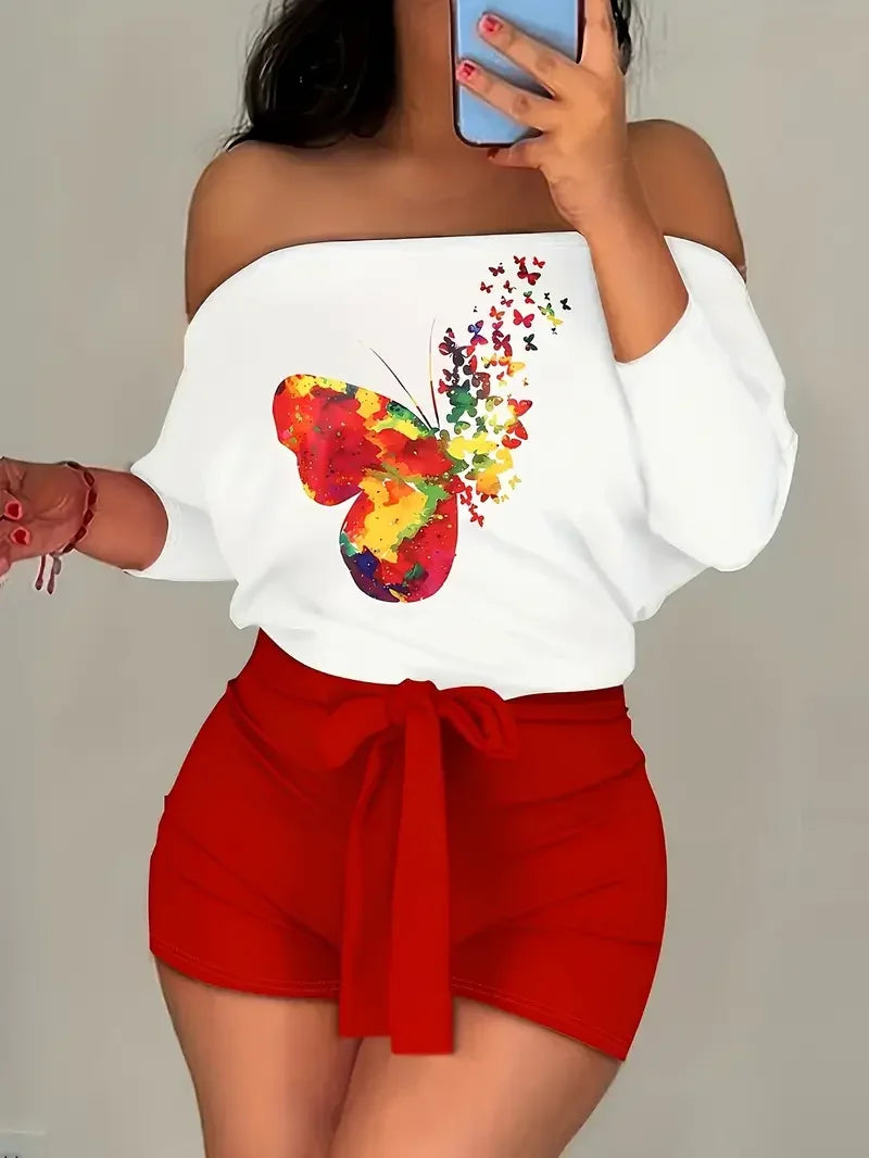 Print Two Piece Set Outfit & Shorts Outfit Ladies Casual Shoulder-Baring T-Shirt