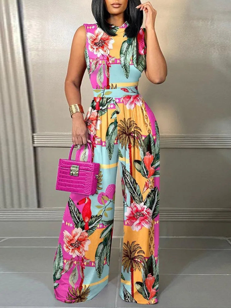 Women's Wide-leg Long Jumpsuit Spring And Summer Fashion Printed Sleeveless Casual Mid-waist Straight Jumpsuit Trousers