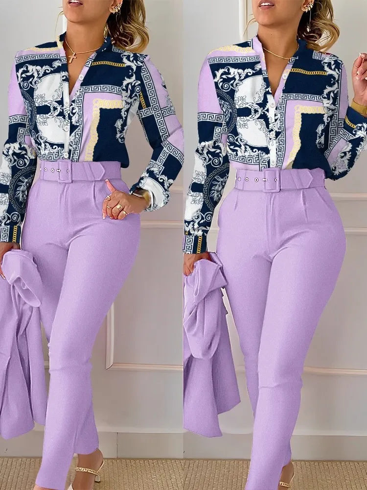 Women's Shirt 2 Pieces Suit Set Fall Print V Neck Long Sleeve Top Casual High Waist Pockets Work Female Clothes Pants Set