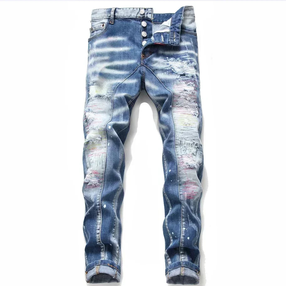 2025 Men Skinny Jeans Luxury Brand Light Blue Holes Long Trousers Quality Male Fashion Stretch Slim Pants Men's Ripped Jeans