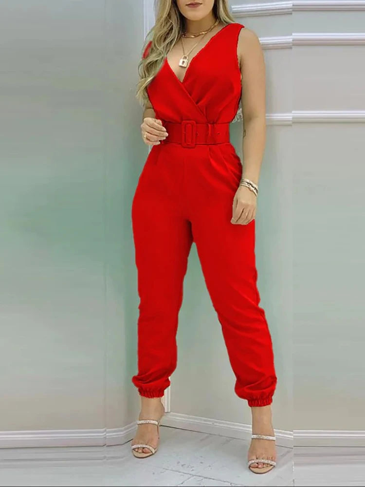 New Casual Women's Pants Women's V-neck Open Back Printed High Waist Jumpsuit Women (including Belt)