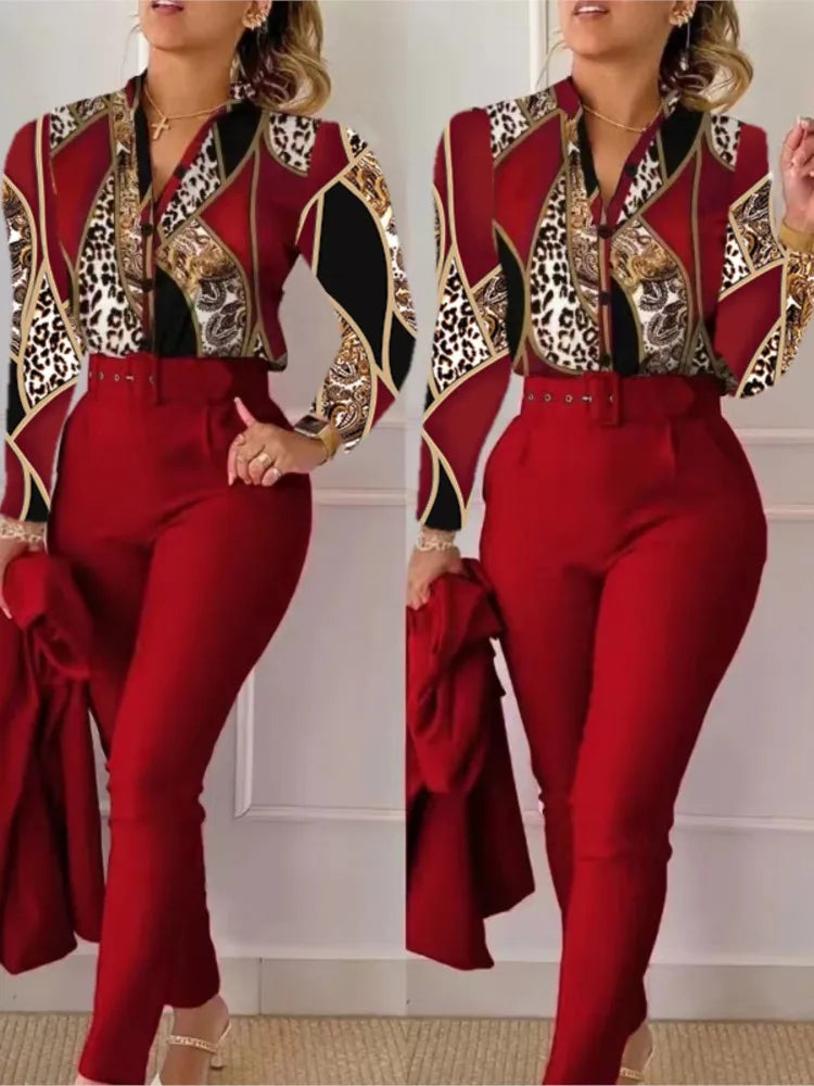Women's Shirt 2 Pieces Suit Set Fall Print V Neck Long Sleeve Top Casual High Waist Pockets Work Female Clothes Pants Set