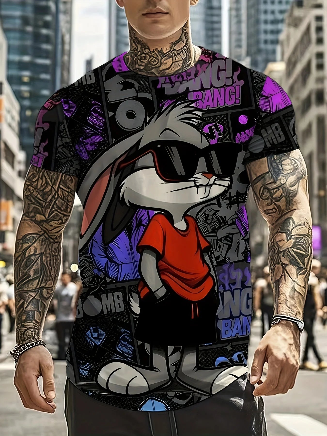 Men's 3D Rabbit Print T-Shirt Soft Stretch Polyester Fabric