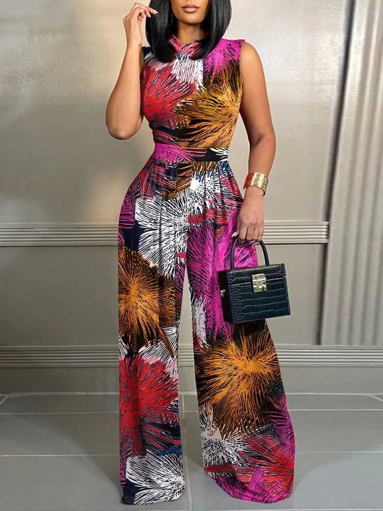 Women's Wide-leg Long Jumpsuit Spring And Summer Fashion Printed Sleeveless Casual Mid-waist Straight Jumpsuit Trousers