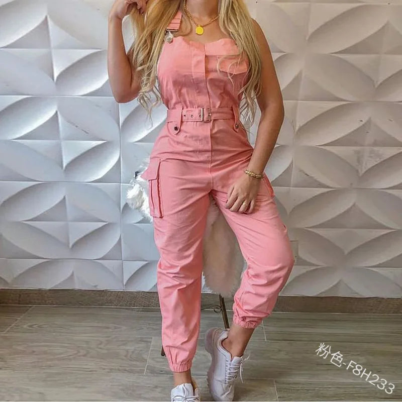 Autumn Women's Clothing Bodysuit Jumpsuit Simple Zipper Cargo High Waisted Conjoined Body Pants Sleeveless Strap Trousers