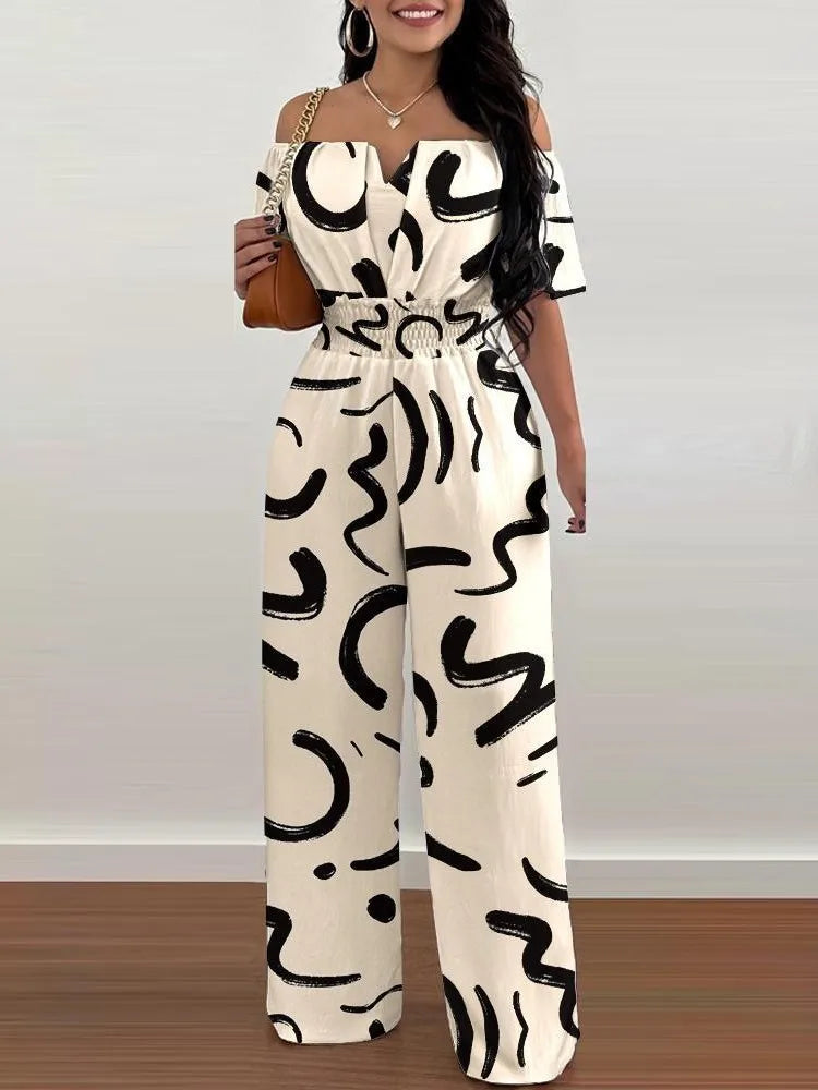Lady Print High Waist Jumpsuit Sexy Off Shoulder Short Sleeve Wide Leg Pants