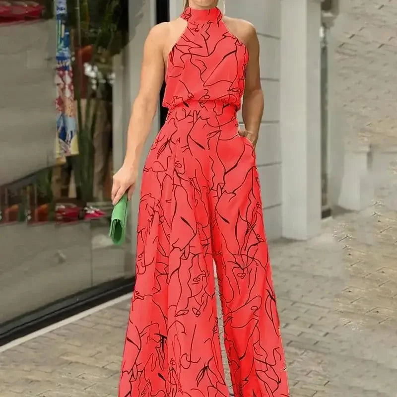 Women's Elegant Jumpsuits Wide Leg Long Pant Summer Sexy Sleeveless Jumpsuit Women Casual Print Macaque Feminine Clothes