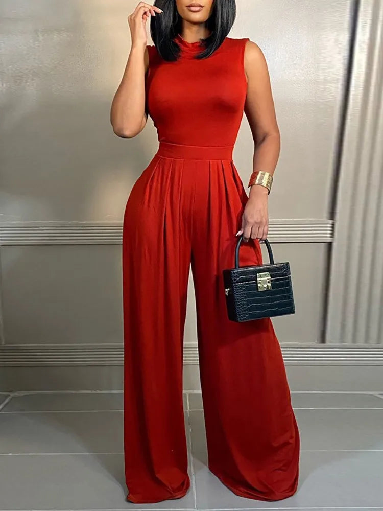 Women's Wide-leg Long Jumpsuit Spring And Summer Fashion Printed Sleeveless Casual Mid-waist Straight Jumpsuit Trousers