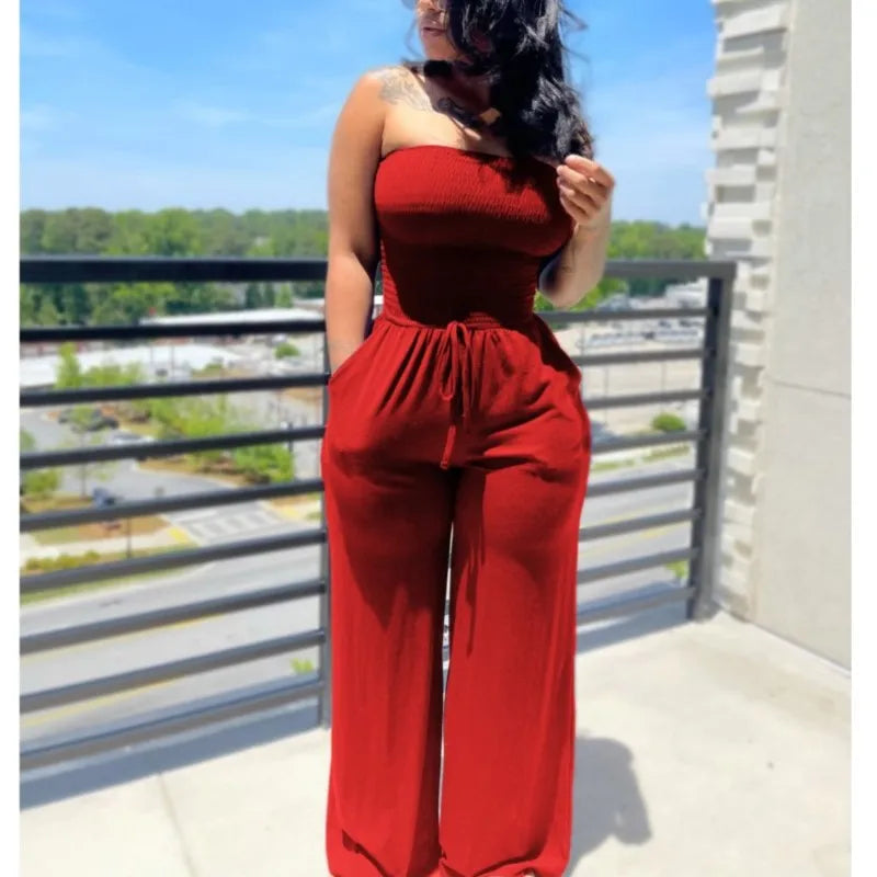 Strapless Straight Jumpsuits Lace Up Wide Leg