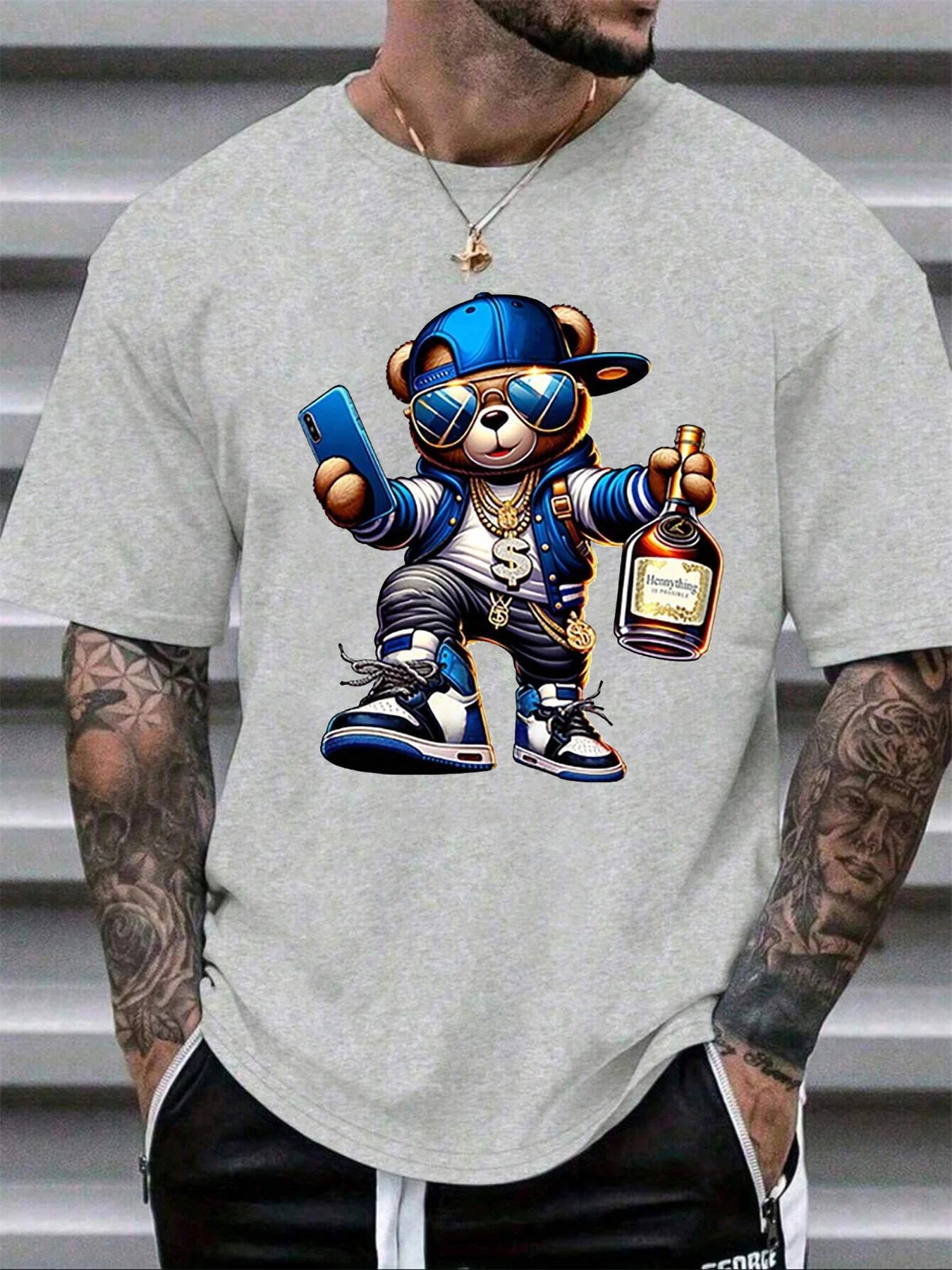 Men's Summer 100% Cotton Fashionable Casual Loose Large Size Cartoon Bear Printed Sports Round Neck Short Sleeve T-shirt Top