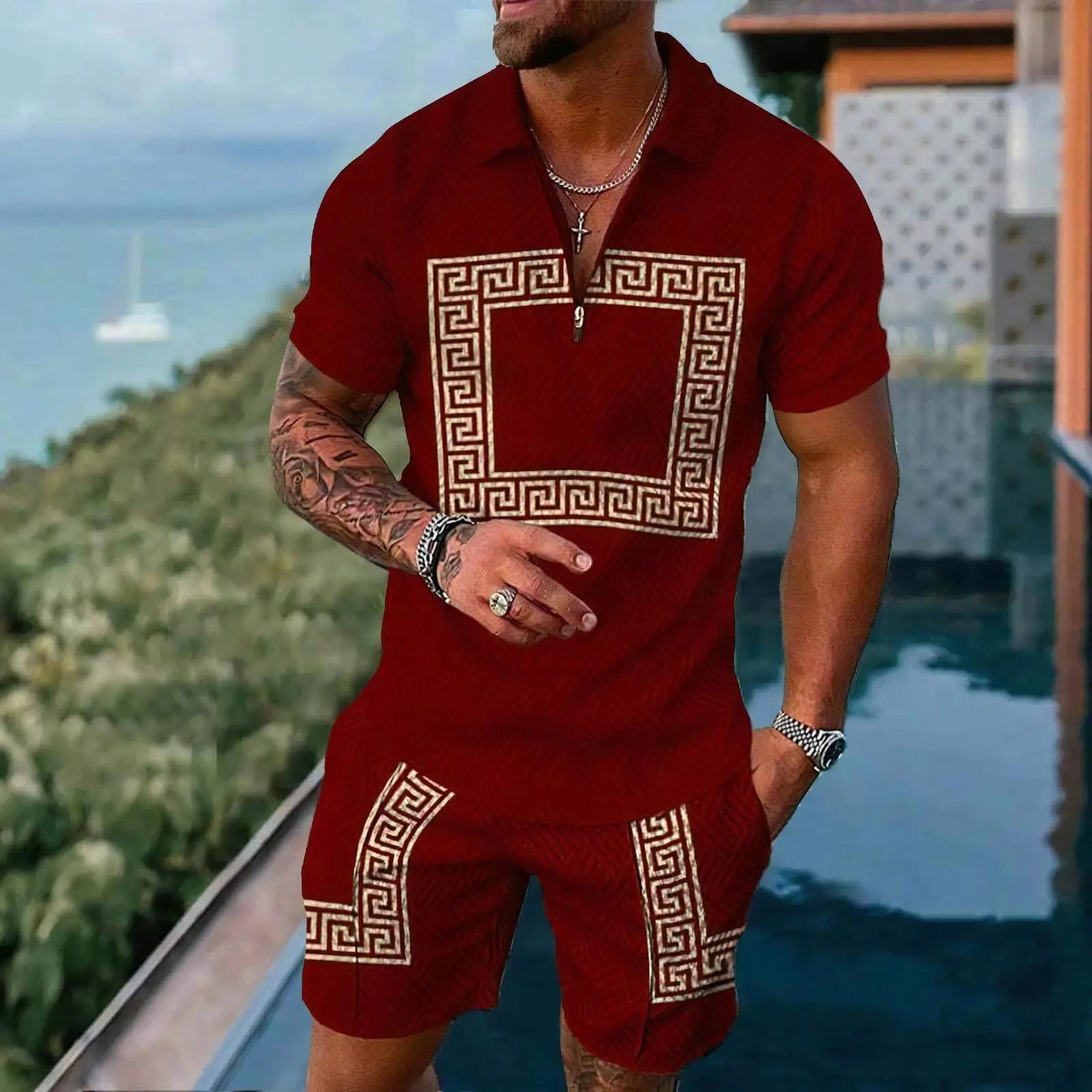 Gold Luxury Pattern Men's Polo Shirts Set Ropa Hombre
