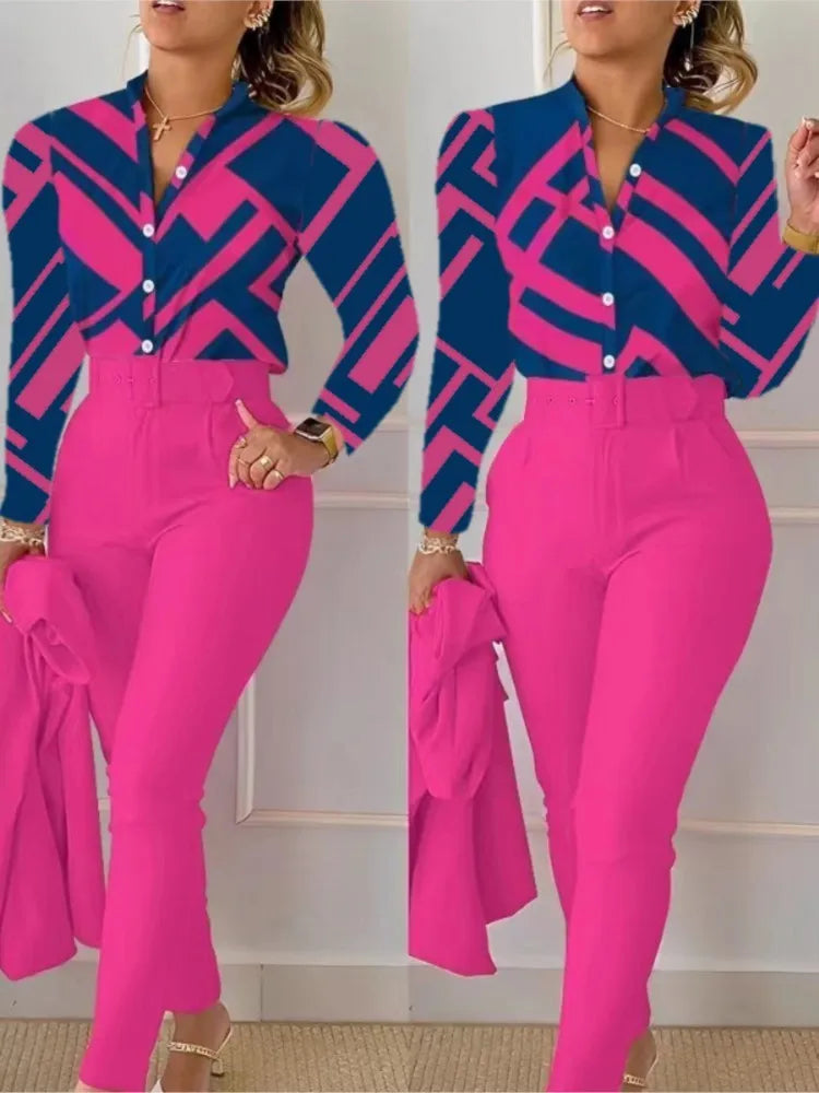 Women's Shirt 2 Pieces Suit Set Fall Print V Neck Long Sleeve Top Casual High Waist Pockets Work Female Clothes Pants Set