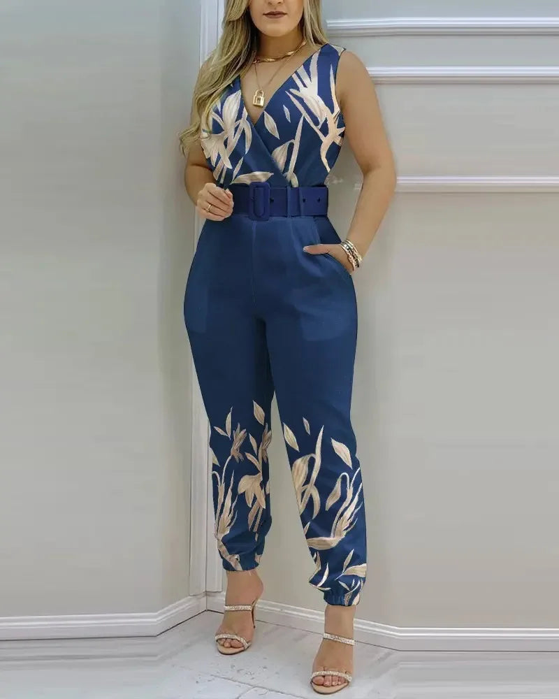 New Casual Women's Pants Women's V-neck Open Back Printed High Waist Jumpsuit Women (including Belt)
