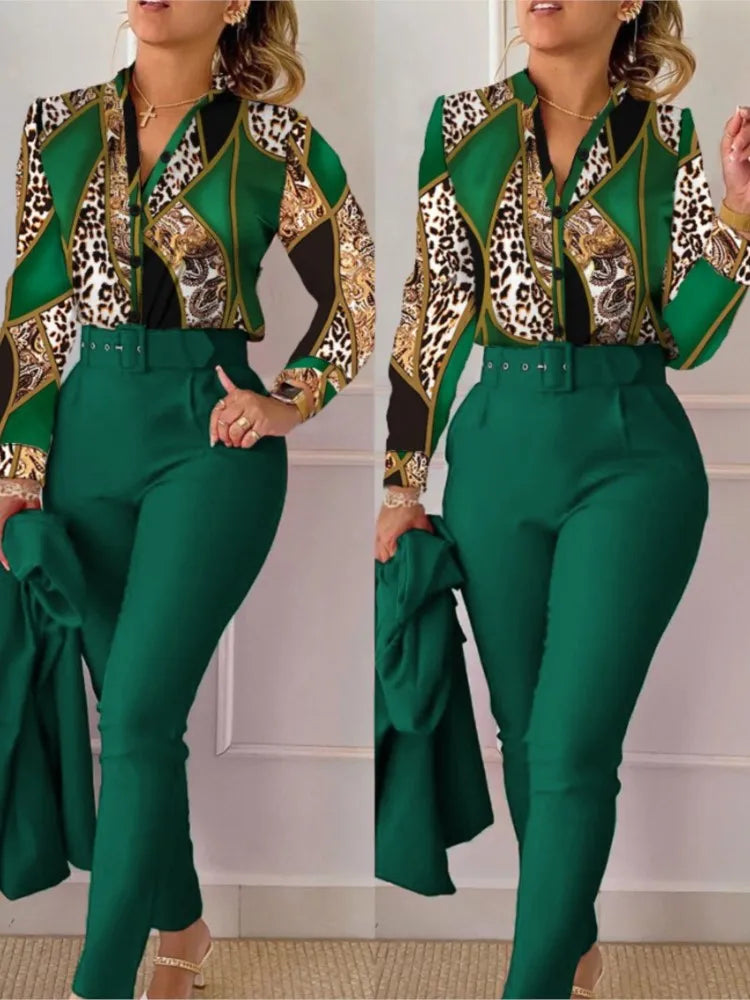 Women's Shirt 2 Pieces Suit Set Fall Print V Neck Long Sleeve Top Casual High Waist Pockets Work Female Clothes Pants Set