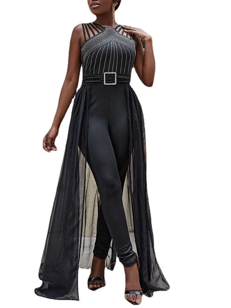 Sleeveless Lace Up Women's Elegant Long Jumpsuit Fashion Hot Drill Waist Mesh Mop Slim Fit