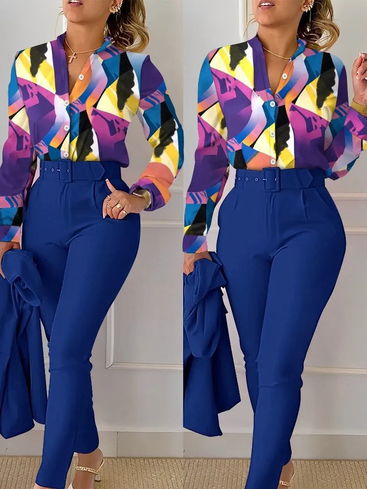 Women's Shirt 2 Pieces Suit Set Fall Print V Neck Long Sleeve Top Casual High Waist Pockets Work Female Clothes Pants Set