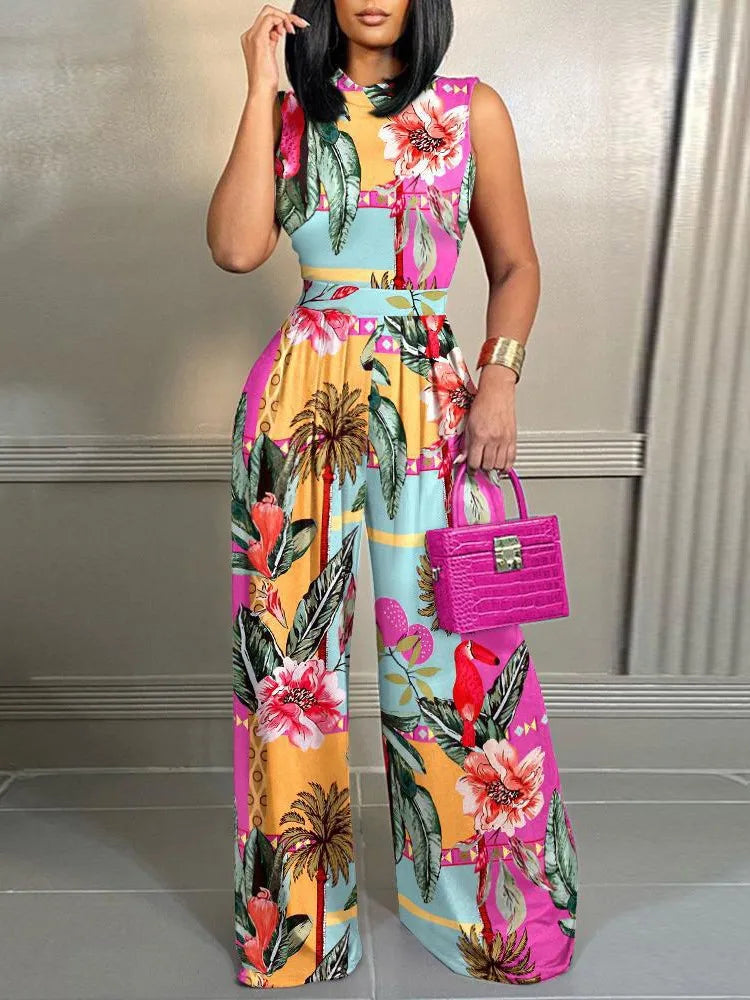 Women's Wide-leg Long Jumpsuit Spring And Summer Fashion Printed Sleeveless Casual Mid-waist Straight Jumpsuit Trousers
