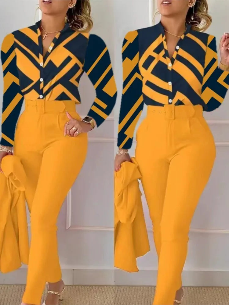 Women's Shirt 2 Pieces Suit Set Fall Print V Neck Long Sleeve Top Casual High Waist Pockets Work Female Clothes Pants Set