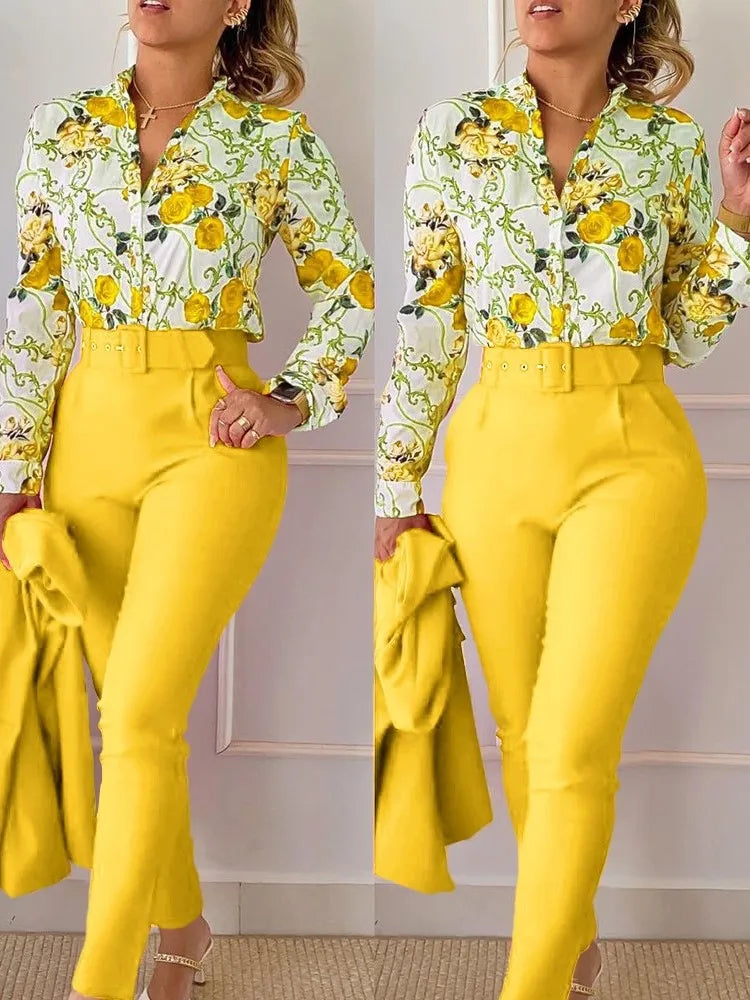 Women's Shirt 2 Pieces Suit Set Fall Print V Neck Long Sleeve Top Casual High Waist Pockets Work Female Clothes Pants Set