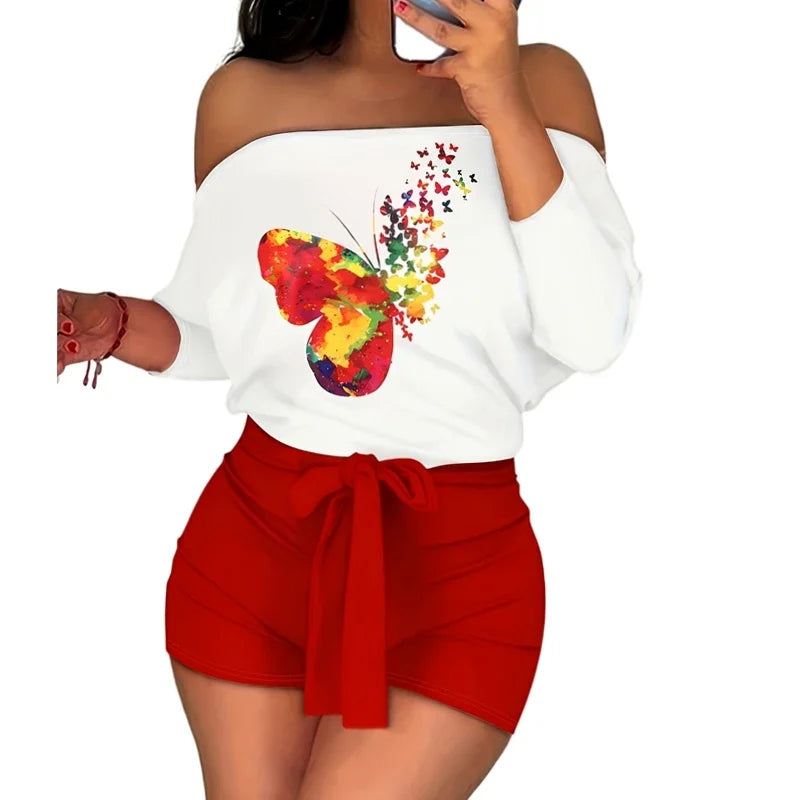 Print Two Piece Set Outfit & Shorts Outfit Ladies Casual Shoulder-Baring T-Shirt
