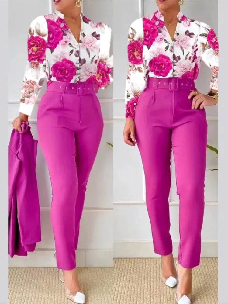 Women's Shirt 2 Pieces Suit Set Fall Print V Neck Long Sleeve Top Casual High Waist Pockets Work Female Clothes Pants Set