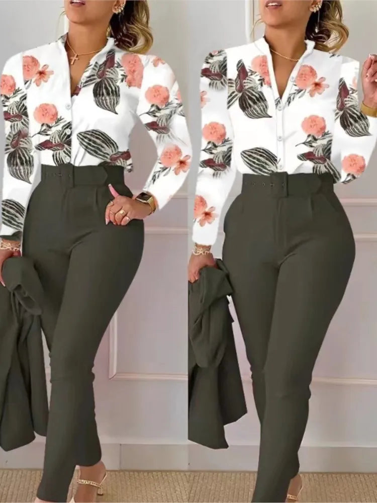 Women's Shirt 2 Pieces Suit Set Fall Print V Neck Long Sleeve Top Casual High Waist Pockets Work Female Clothes Pants Set