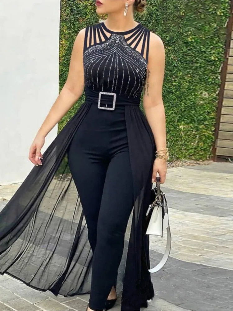 Sleeveless Lace Up Women's Elegant Long Jumpsuit Fashion Hot Drill Waist Mesh Mop Slim Fit