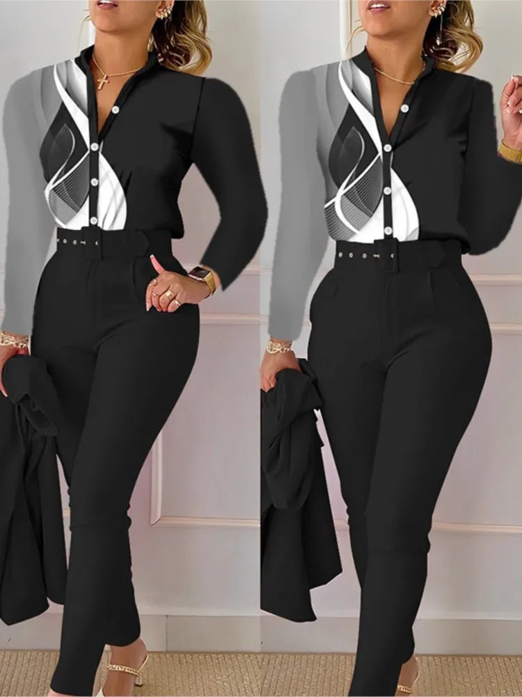 Women's Shirt 2 Pieces Suit Set Fall Print V Neck Long Sleeve Top Casual High Waist Pockets Work Female Clothes Pants Set