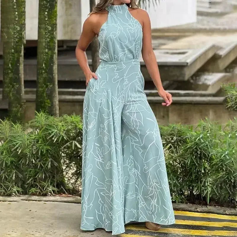 Women's Elegant Jumpsuits Wide Leg Long Pant Summer Sexy Sleeveless Jumpsuit Women Casual Print Macaque Feminine Clothes