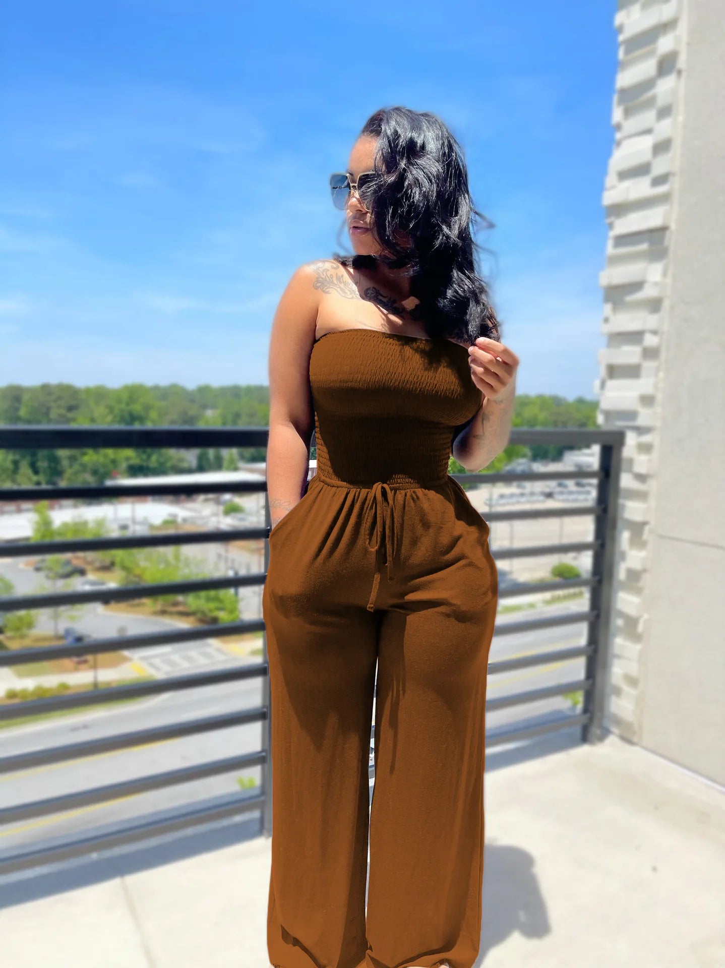 Strapless Straight Jumpsuits Lace Up Wide Leg