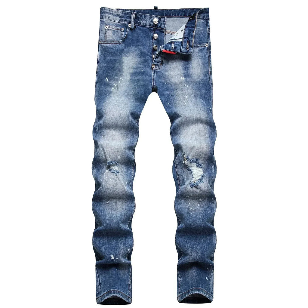 2025 Men Skinny Jeans Luxury Brand Light Blue Holes Long Trousers Quality Male Fashion Stretch Slim Pants Men's Ripped Jeans