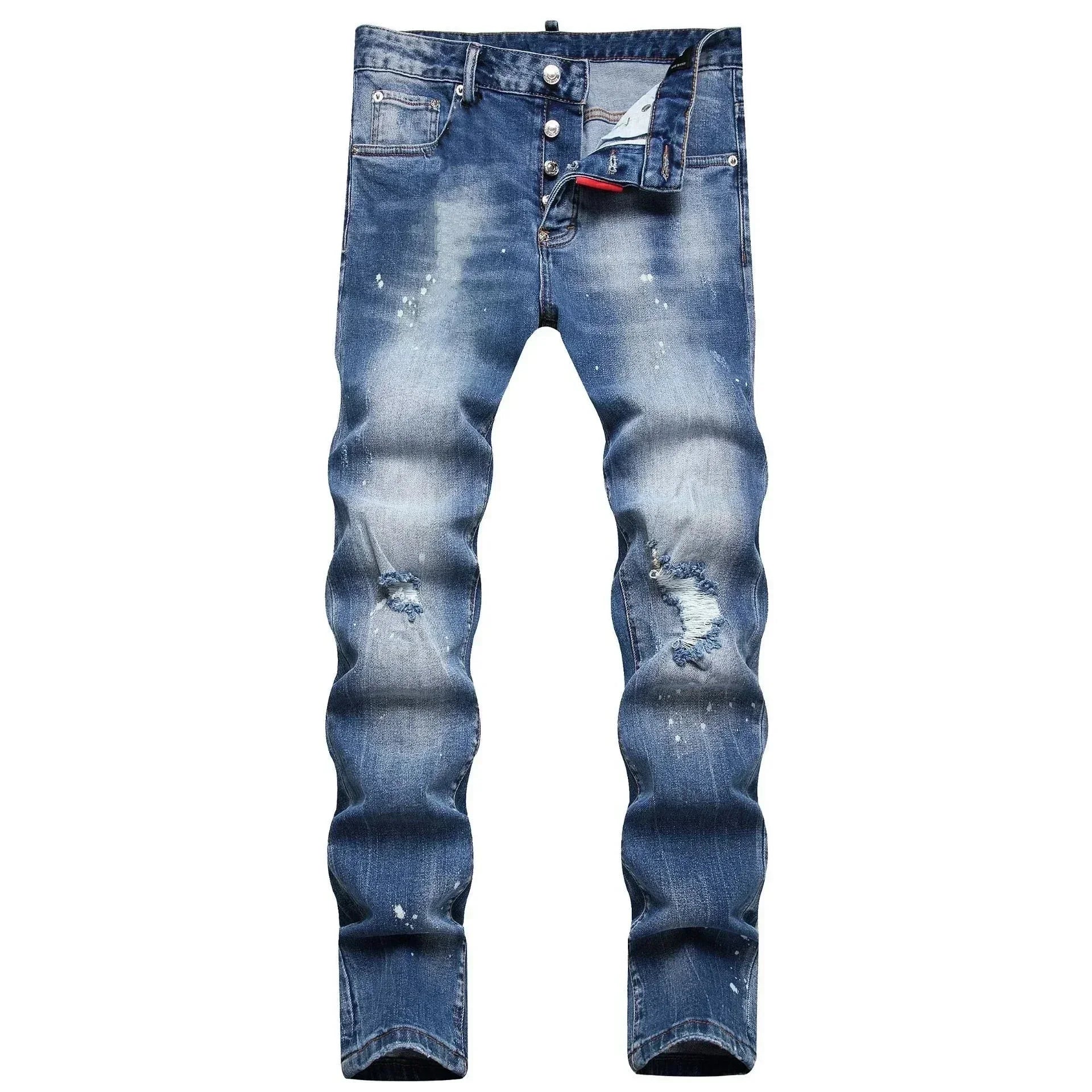 2025 Men Skinny Jeans Luxury Brand Light Blue Holes Long Trousers Quality Male Fashion Stretch Slim Pants Men's Ripped Jeans