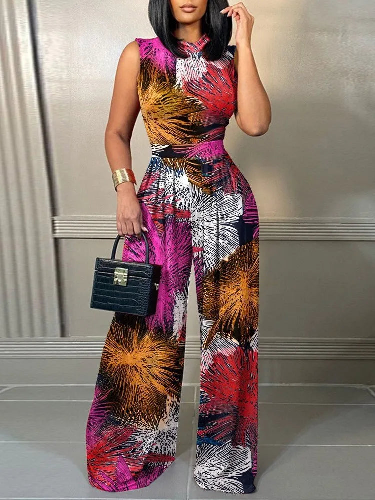 Women's Wide-leg Long Jumpsuit Spring And Summer Fashion Printed Sleeveless Casual Mid-waist Straight Jumpsuit Trousers