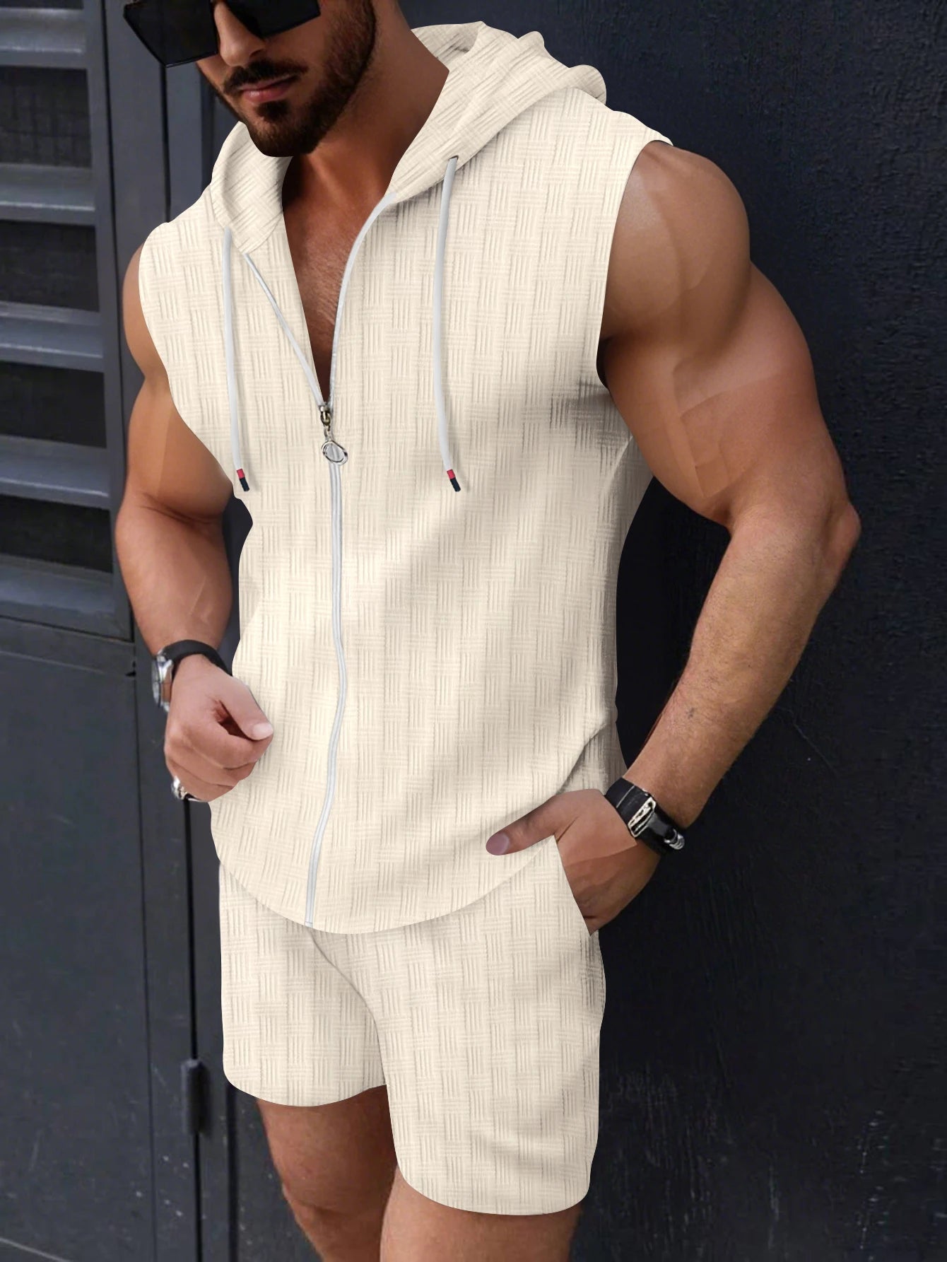 Sleeveless Hooded POLO Shirt Jacquard Shorts