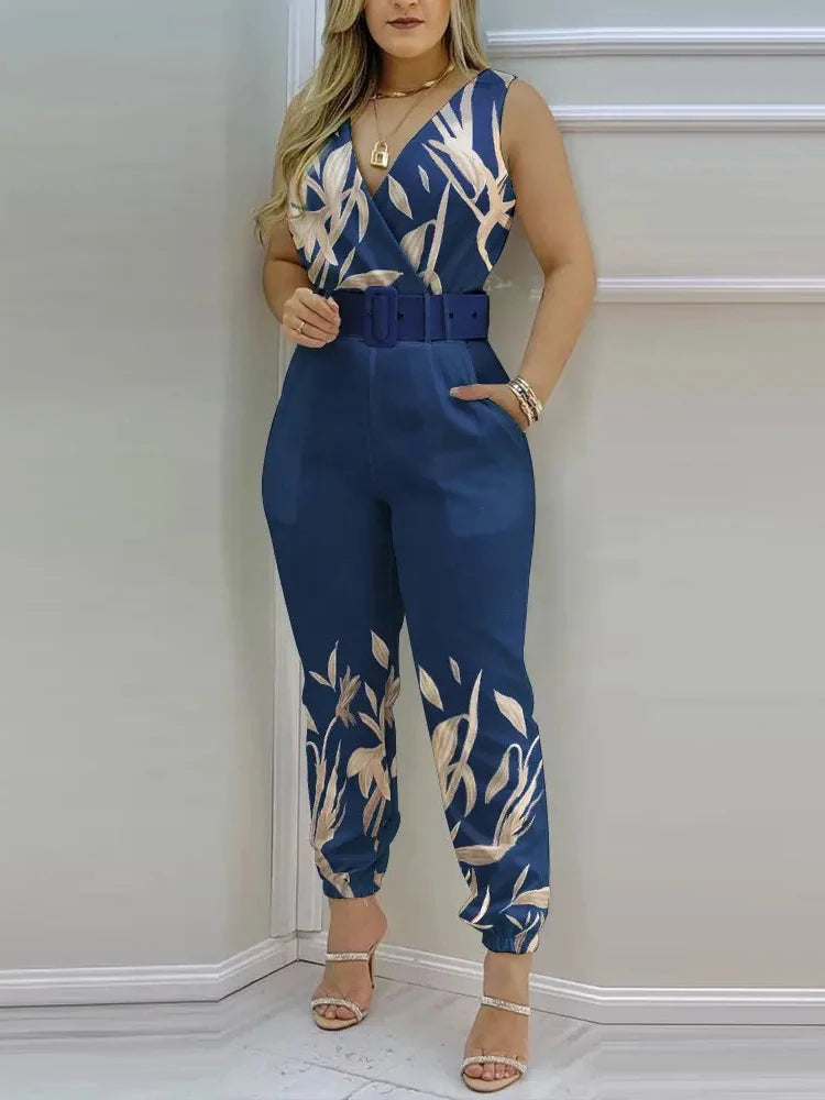 New Casual Women's Pants Women's V-neck Open Back Printed High Waist Jumpsuit Women (including Belt)