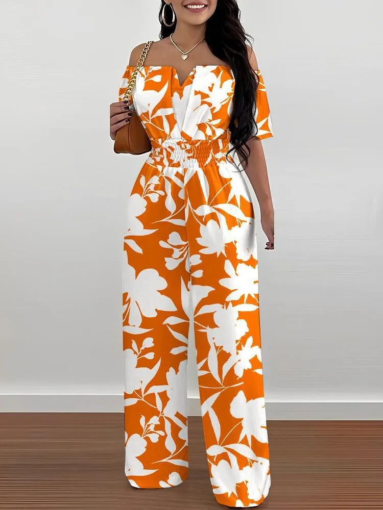 Lady Print High Waist Jumpsuit Sexy Off Shoulder Short Sleeve Wide Leg Pants