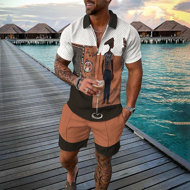 Lion Pattern Short Sleeve Shorts 2 Piece