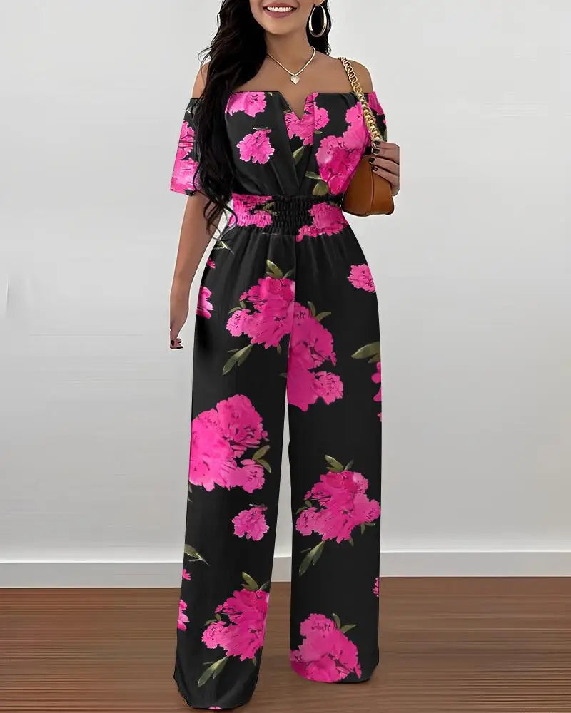 Lady Print High Waist Jumpsuit Sexy Off Shoulder Short Sleeve Wide Leg Pants