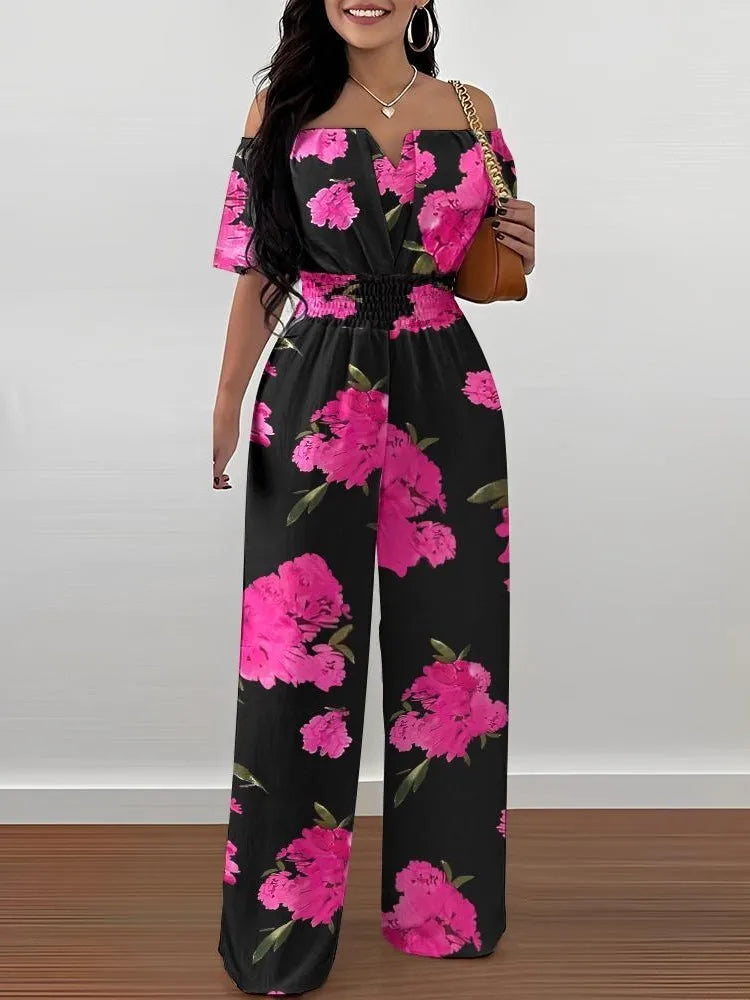 Lady Print High Waist Jumpsuit Sexy Off Shoulder Short Sleeve Wide Leg Pants