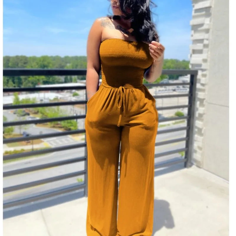 Strapless Straight Jumpsuits Lace Up Wide Leg