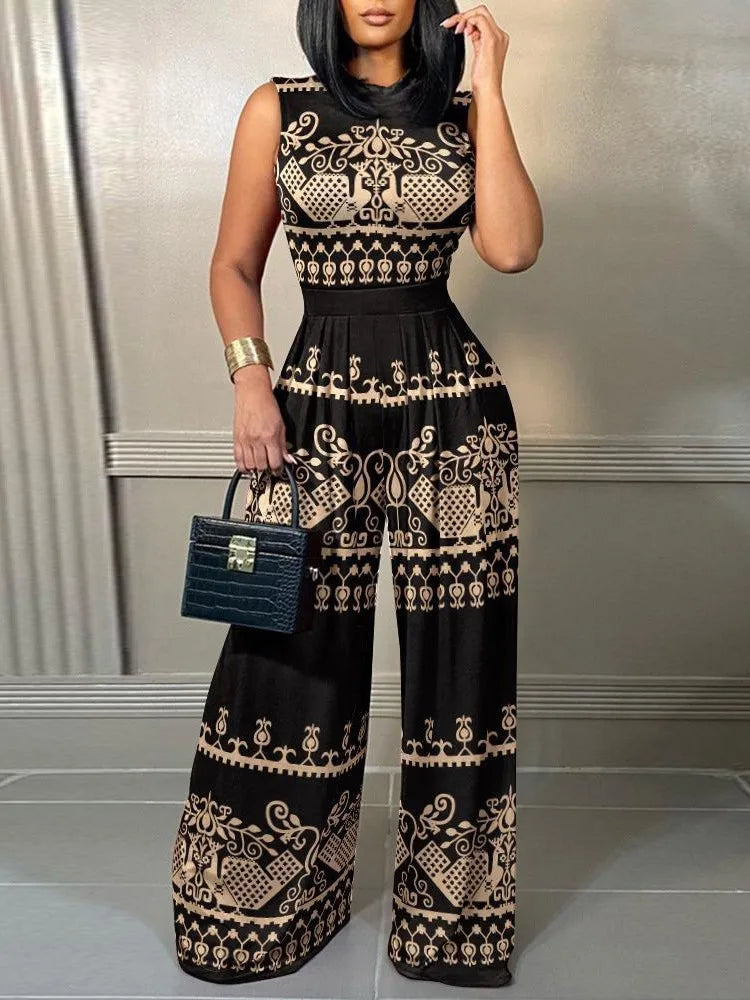 Women's Wide-leg Long Jumpsuit Spring And Summer Fashion Printed Sleeveless Casual Mid-waist Straight Jumpsuit Trousers