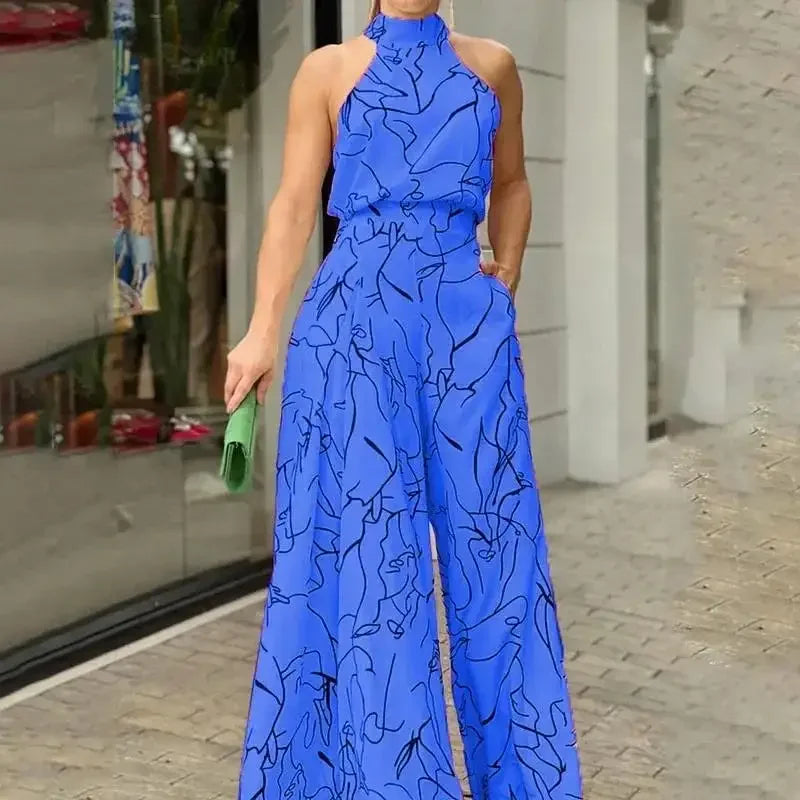 Women's Elegant Jumpsuits Wide Leg Long Pant Summer Sexy Sleeveless Jumpsuit Women Casual Print Macaque Feminine Clothes