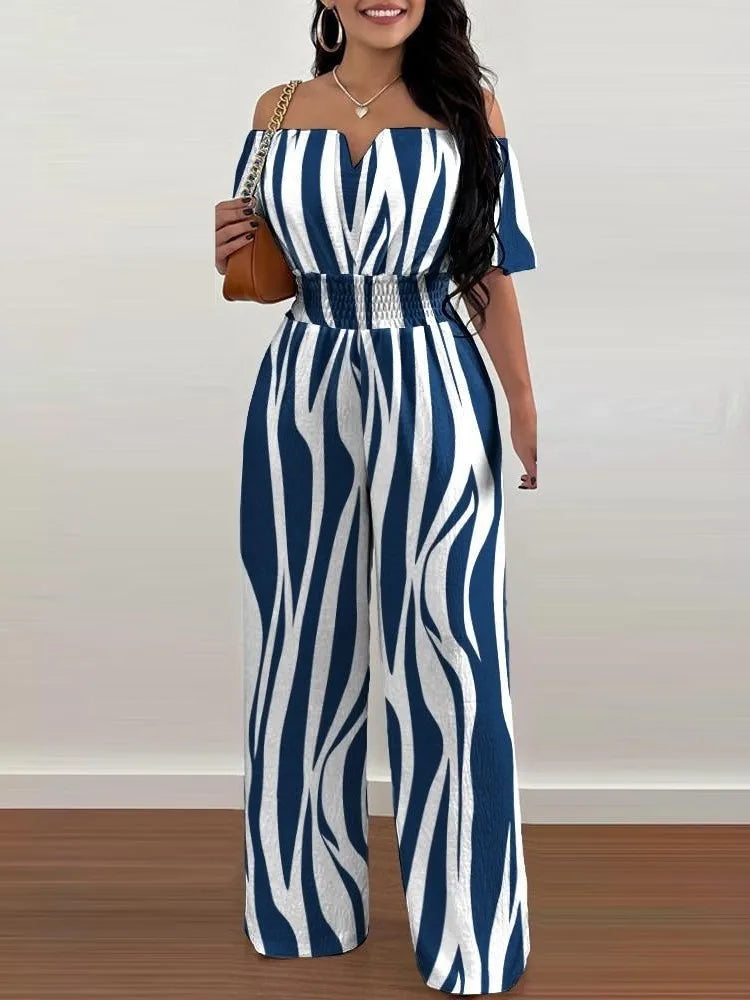 Lady Print High Waist Jumpsuit Sexy Off Shoulder Short Sleeve Wide Leg Pants