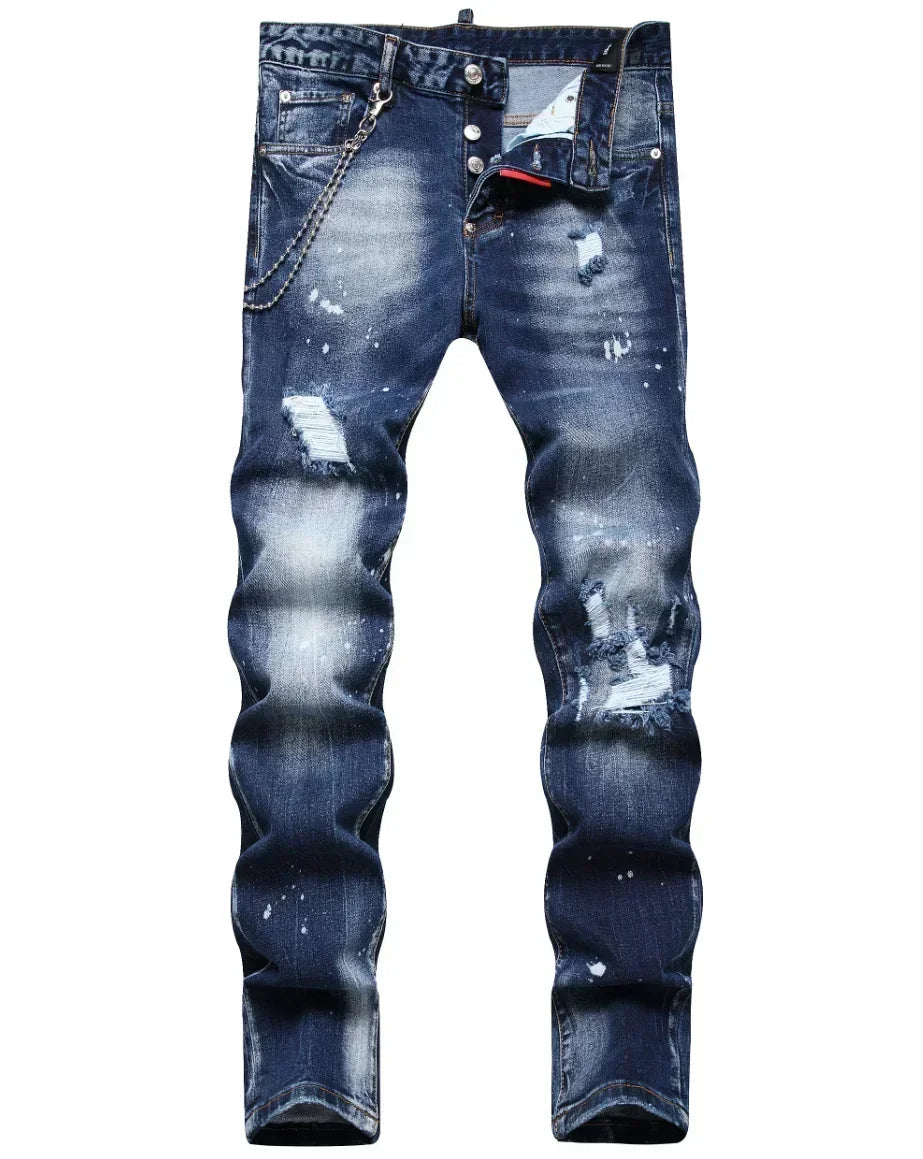 2025 Men Skinny Jeans Luxury Brand Light Blue Holes Long Trousers Quality Male Fashion Stretch Slim Pants Men's Ripped Jeans