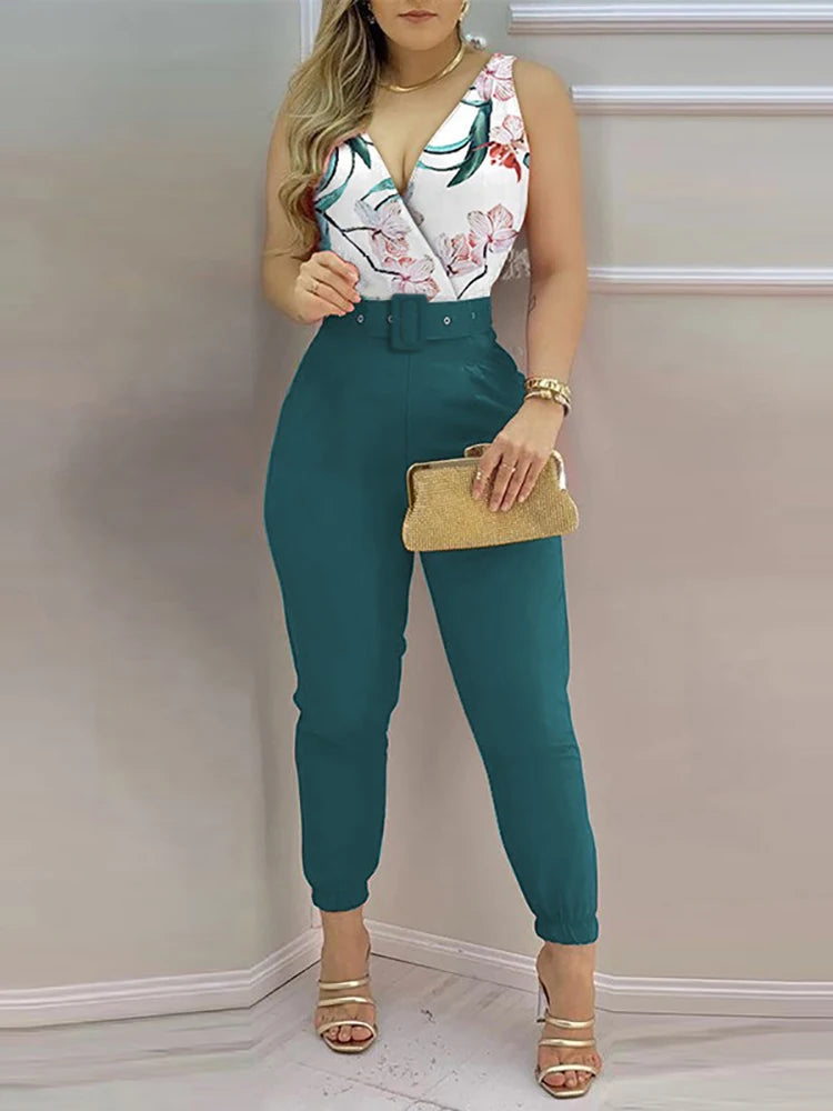 New Casual Women's Pants Women's V-neck Open Back Printed High Waist Jumpsuit Women (including Belt)